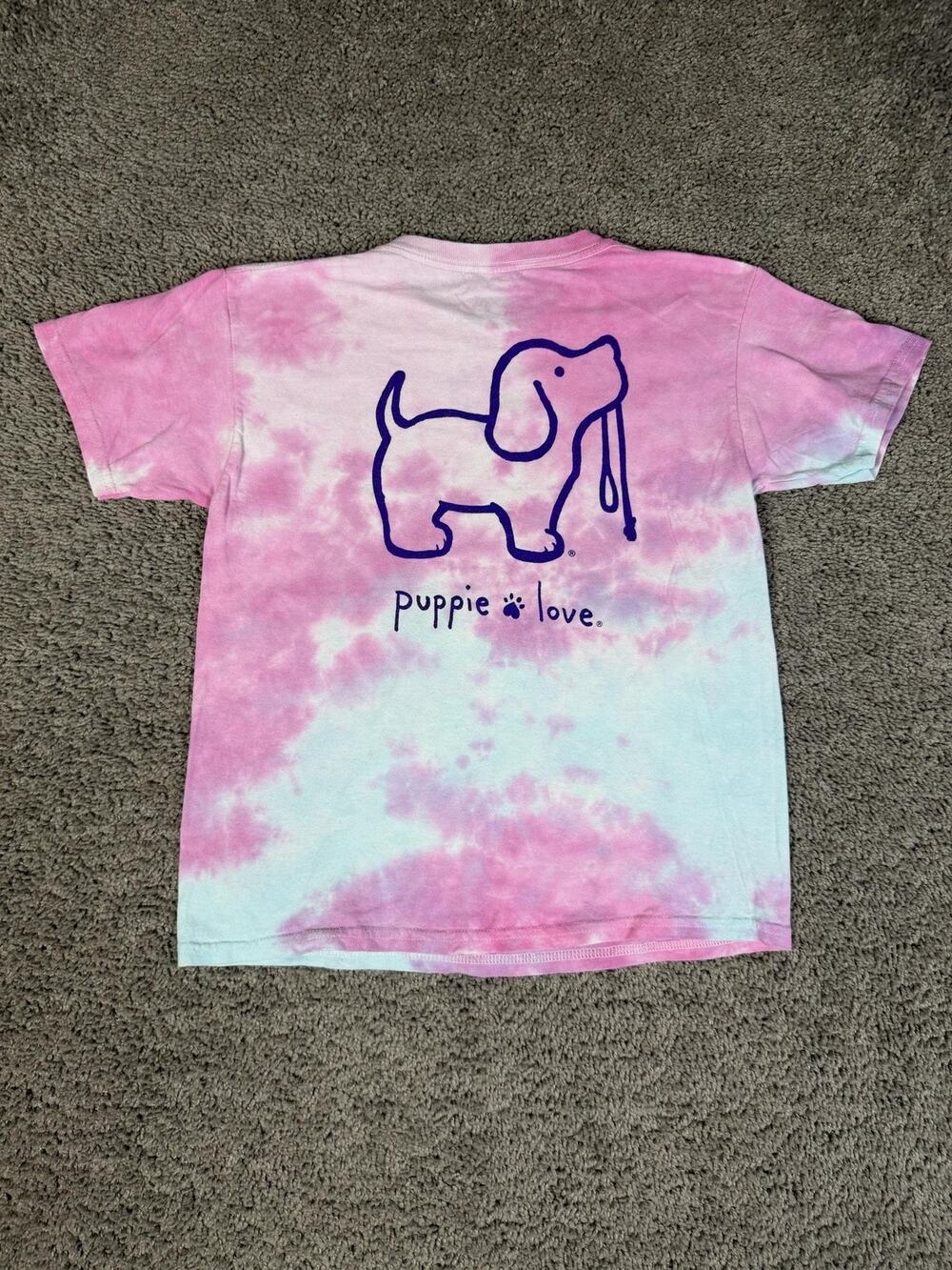 Puppie Love Shirt Girl Kids M Pink Tie Dye Dog Graphic Rescue Logo Tee Tagless